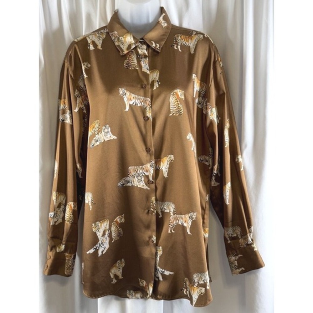 ZARA‎ Tiger Print Long Sleeve Button Down Shirt Women's L Brown Preppy  72-27 - Picture 2 of 15